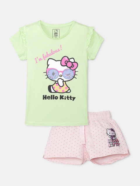 

Kids Ville Girls Green & Pink Printed Hello Kitty T-shirt with Shorts