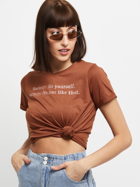 

max Women Brown Printed Round Neck Cotton T-shirt