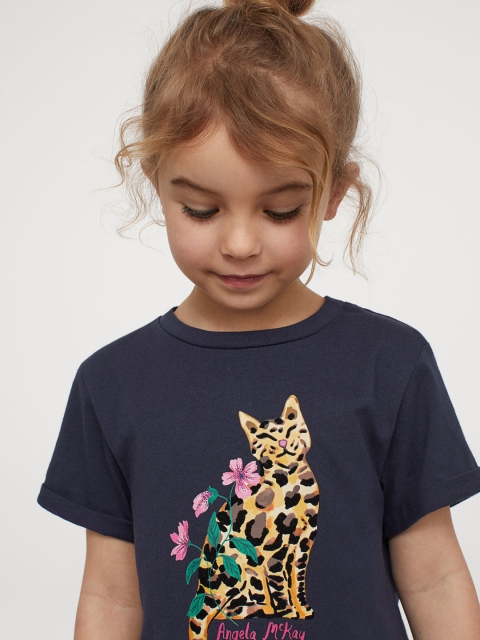 

H&M Girls Navy Blue & Yellow Pure Cotton Printed Motif-Detail Jersey Top