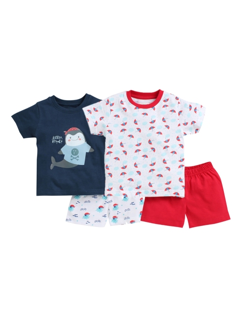

BUMZEE Unisex Kids White & Navy BlueSet of 2 Printed T-shirt with Shorts