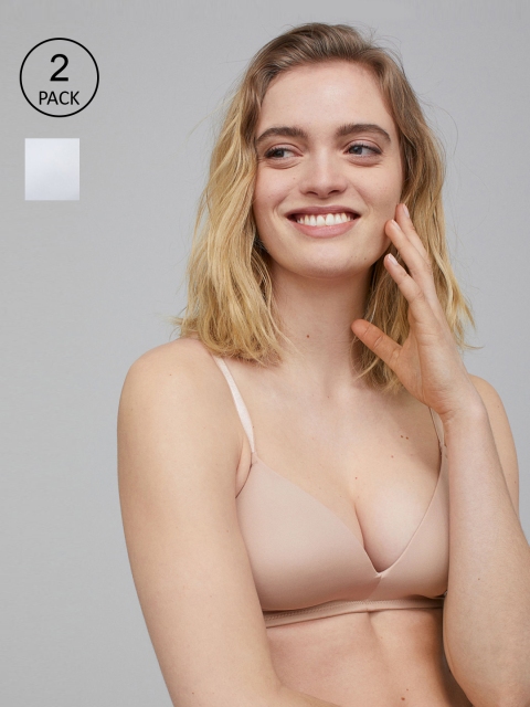 

H&M Women White & Beige 2-Pack Padded Microfibre Bras 0557994024