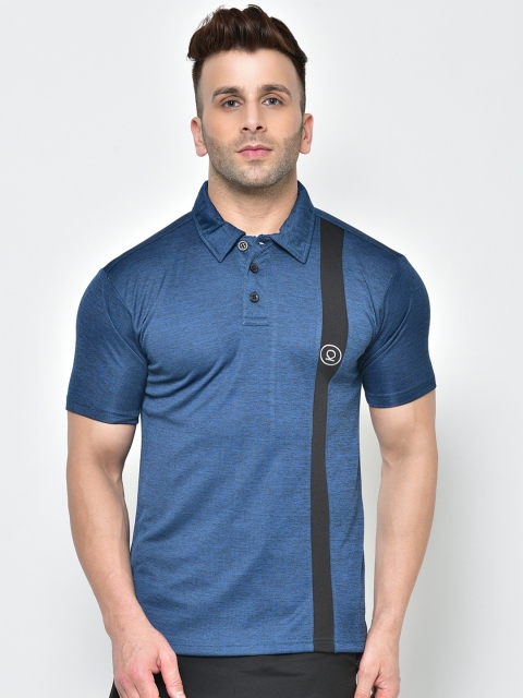 

Chkokko Men Navy Blue Striped Polo Collar Dry Fit T-shirt
