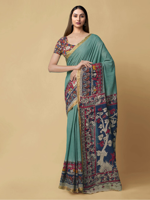 

Unnati Silks Green & Navy Blue Pure Cotton Printed Kanjeevaram Handloom Saree