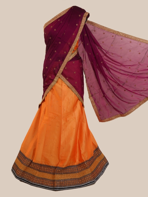 

Pothys Magenta & Orange Poly Chiffon Woven Design Half Saree