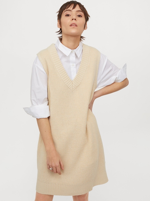 

H&M Women Beige Solid Knitted Sweater Vest Dress