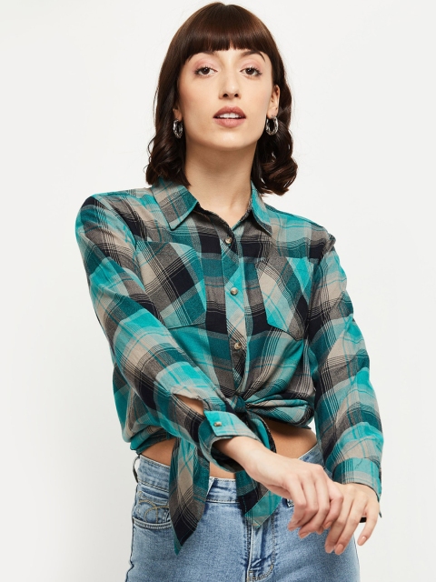 

max Women Teal Regular Fit Checked Casual Shirt