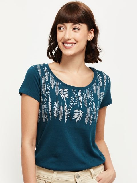 max Women Teal Printed Round Neck T-shirt