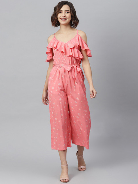 

StyleStone Women Pink & Yellow Printed Cross Neck Ruffle Jumpsuit