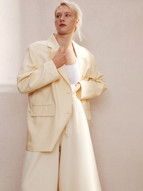 

H&M Women Pastel Yellow Oversized Linen-Blend Jacket