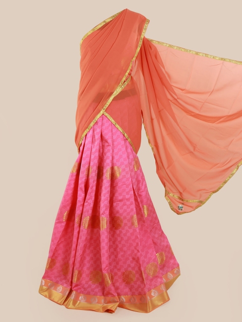 

Pothys Peach-Coloured & Pink Poly Chiffon Printed Half Saree