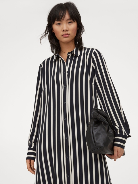 

H&M Women Black & White Tie-Belt Shirt Dress