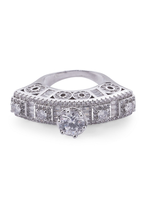 

shaze Set Of 2 Silver-Toned & White CZ-Studded Finger Rings