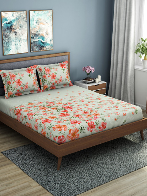 

SPACES Green & Orange Floral 180 TC Cotton 1 King Bedsheet with 2 Pillow Covers