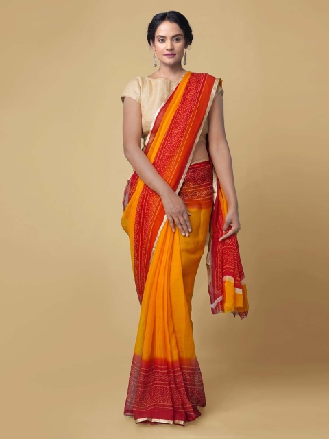 

Unnati Silks Orange & Yellow Pure Chiffon Printed Baluchari Saree