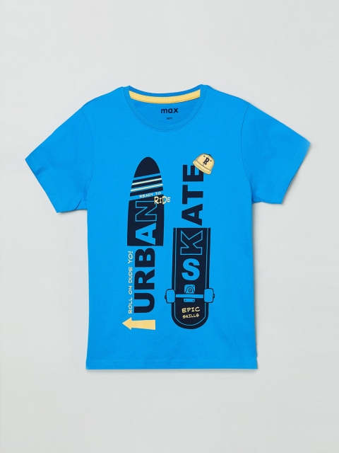 

max Boys Blue Printed Round Neck Cotton T-shirt