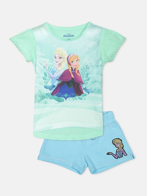 

Kids Ville Girls Sea Green & Blue Elsa and Anna Printed T-shirt with Shorts