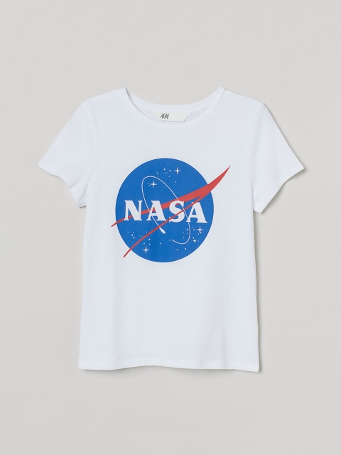 

H&M Girls White & Blue NASA Printed Cotton T-shirt