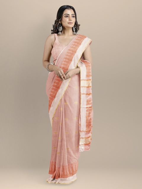

BharatSthali Peach-Coloured Pure Cotton Woven Design Maheshwari Saree
