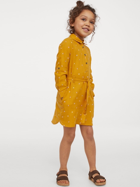 

H&M Girls Mustard Yellow & Pink Belted Shirt Dress