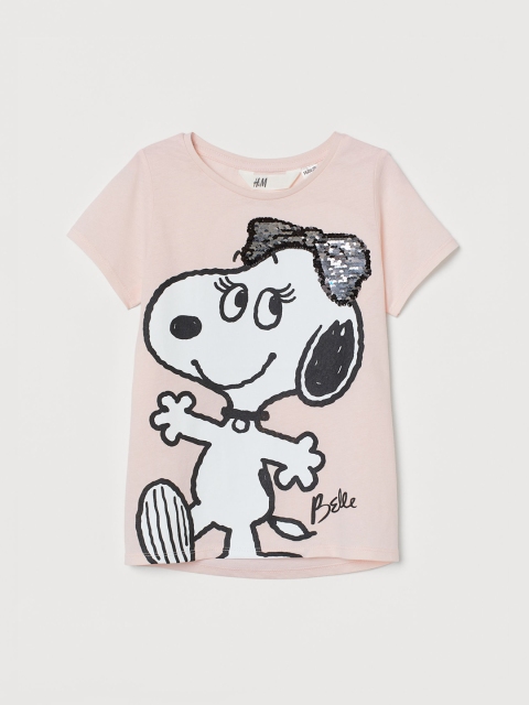 

H&M Girls Pink & Black Sequin Embellished Pure Cotton Motif-Front Top