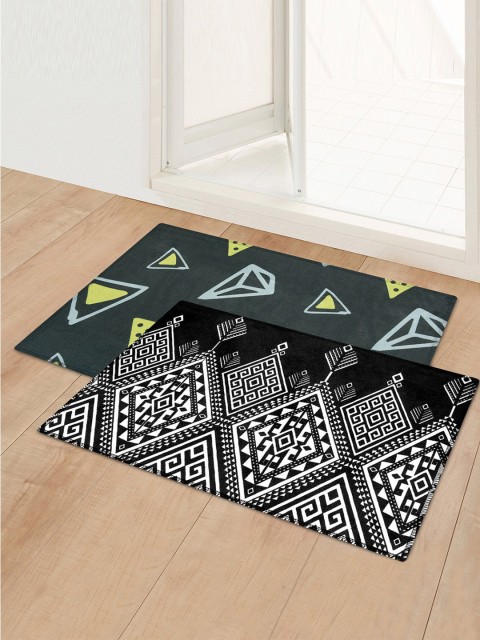 

Story@home Set Of 2 Printed Anti-Skid Doormats, Black