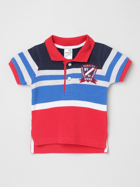

max Boys Red Blue Striped Polo Collar Cotton Pure Cotton T-shirt