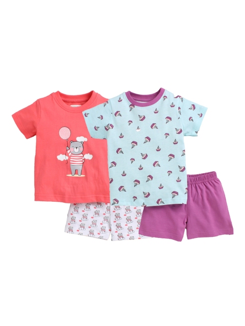 

BUMZEE Infant Kids Pack Of 2 Printed Pure Cotton T-shirt with Shorts, Purple