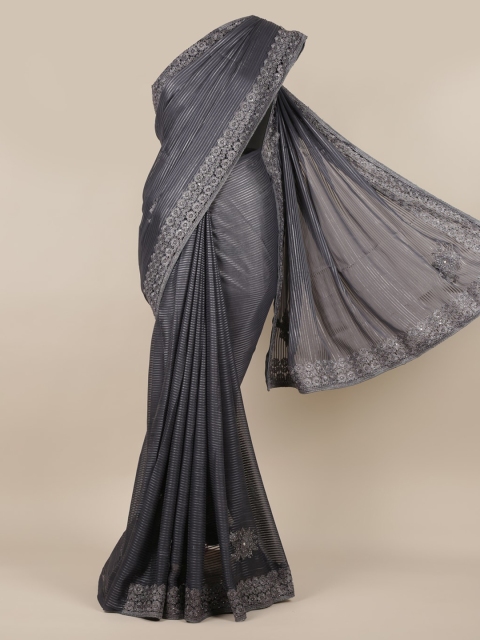 

Pothys Grey & Silver-Toned Poly Georgette Striped Saree