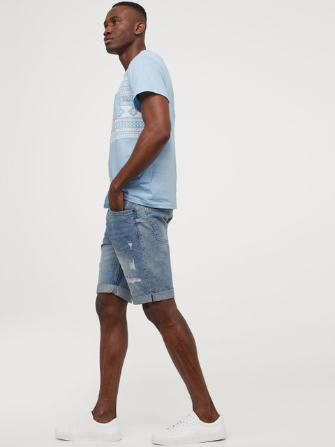 

H&M Men Blue Printed Short-Sleeved Pure Cotton T-shirt