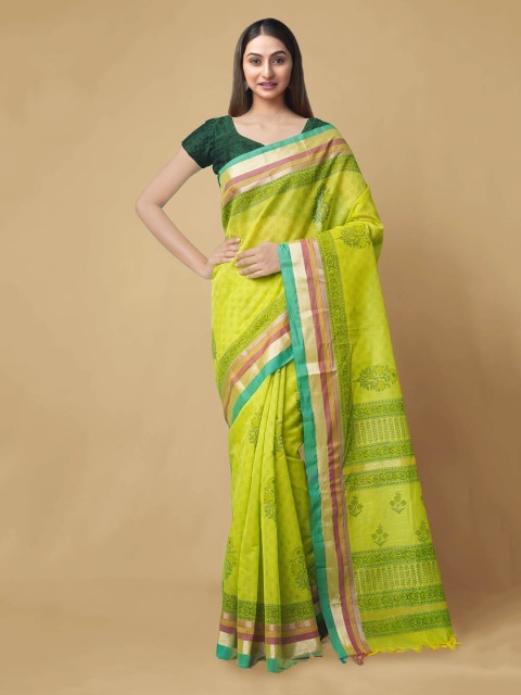

Unnati Silks Green Silk Cotton Printed Chanderi Saree