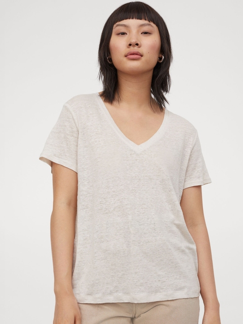 

H&M Women Beige Linen Jersey Top