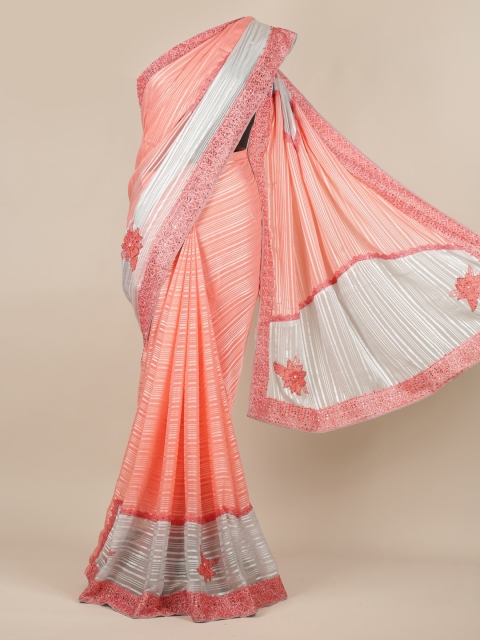 

Pothys Pink & Silver-Toned Poly Georgette Striped Saree