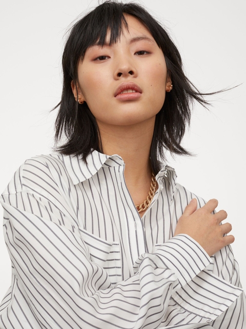 

H&M Women White & Black Striped Lyocell-blend shirt