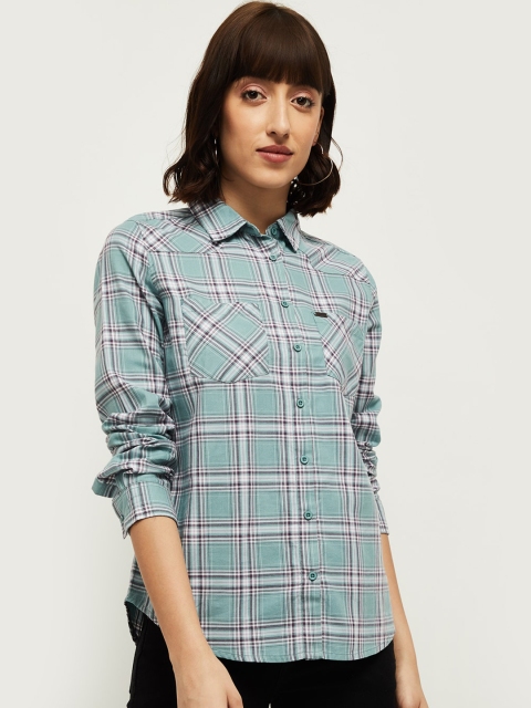 

max Women Green & White Regular Fit Checked Cotton Casual Shirt