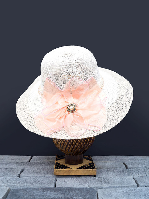

Golden Peacock Women White & Peach-Coloured Woven-Design Straw Sun Hat