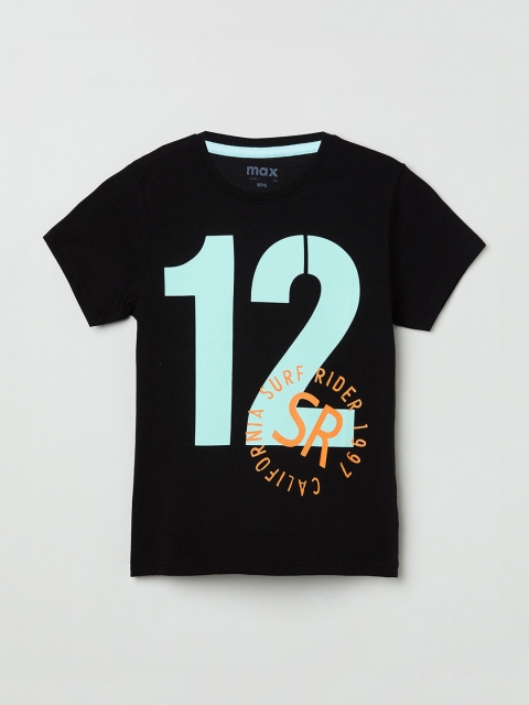 

max Boys Black Printed Round Neck Cotton Pure Cotton T-shirt