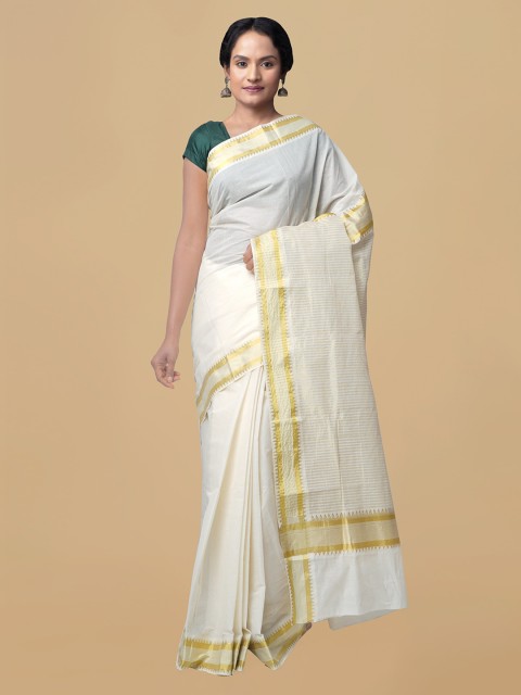 

Unnati Silks Cream-Coloured Pure Cotton Solid Kasavu Saree