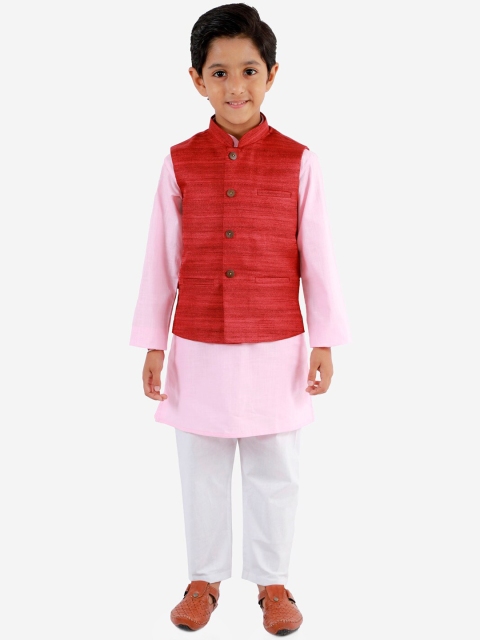 

VASTRAMAY Boys Pink & White Solid Kurta with Pyjamas & Nehru Jacket