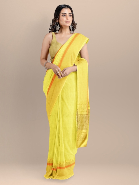 

BharatSthali Yellow Pure Cotton Solid Maheshwari Saree