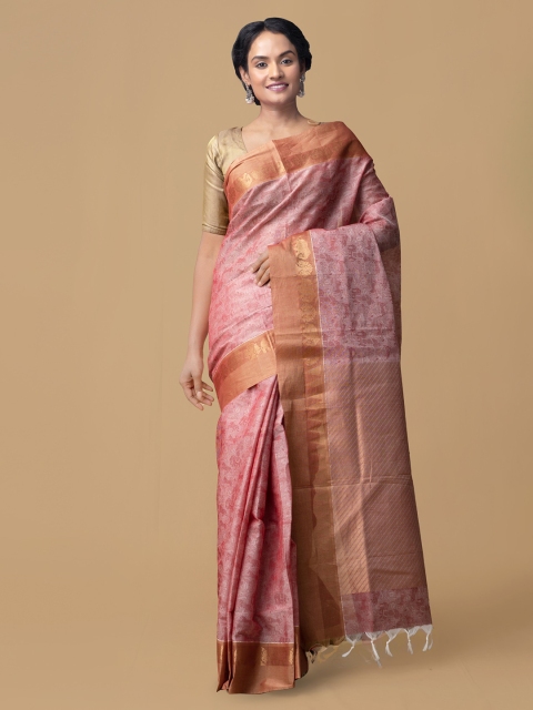 

Unnati Silks Red Pure Cotton Printed Handloom Mysore Silk Saree With Tasseled Pallu