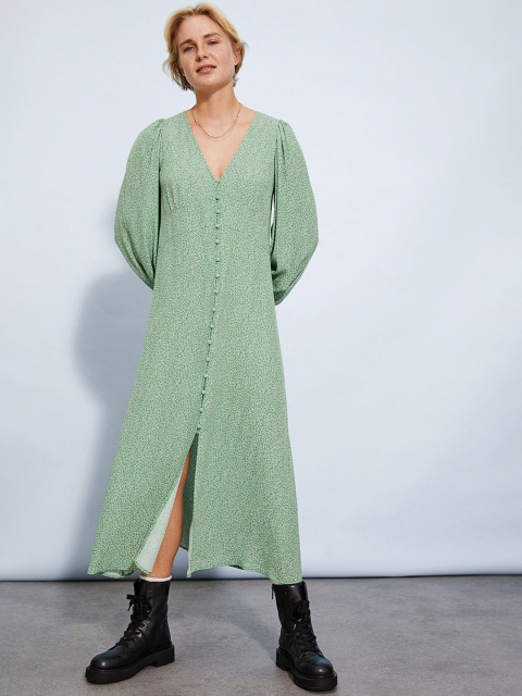

H&M Women Green Floral Printed Puff-Sleeved Dress