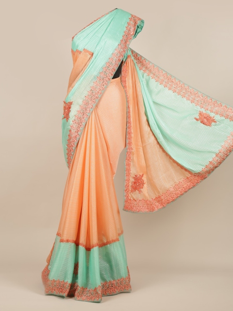

Pothys Peach-Coloured & Turquoise Blue Poly Georgette Colourblocked Saree