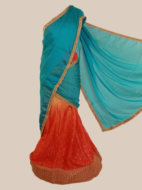 

Pothys Blue & Orange Poly Chiffon Embroidered Half Saree