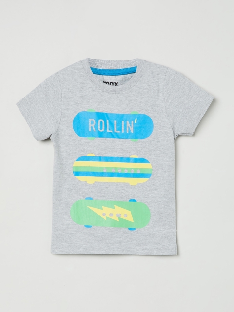 

max Boys Grey Printed Round Neck Cotton Pure Cotton T-shirt