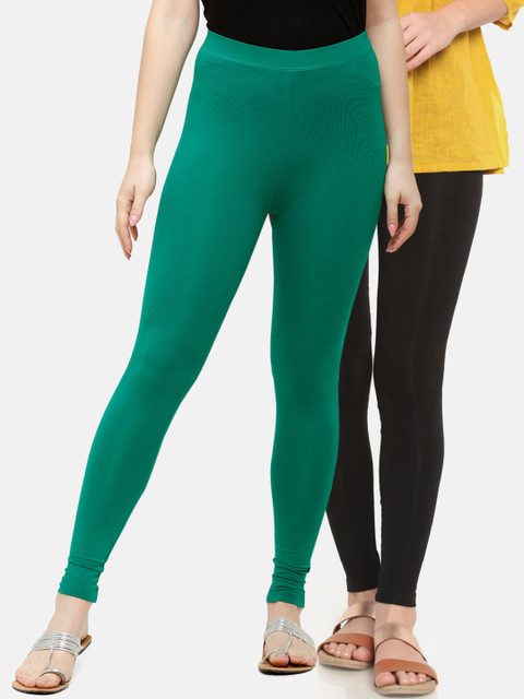 

De Moza Women Pack Of 2 Black & Green Solid Ankle-Length Leggings