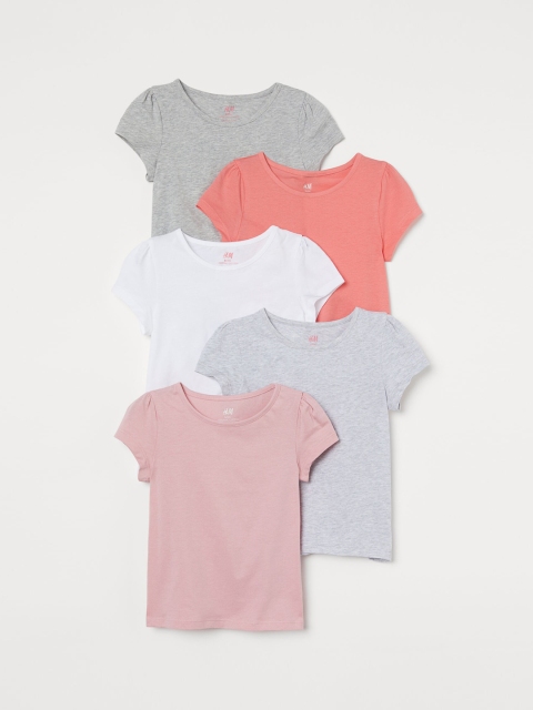 H&M Girls Multicoloured 5-Pack Puff-Sleeved Tops, Multi