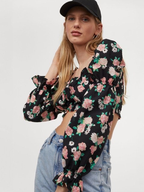 

H&M Women Black Printed Cropped Blouse