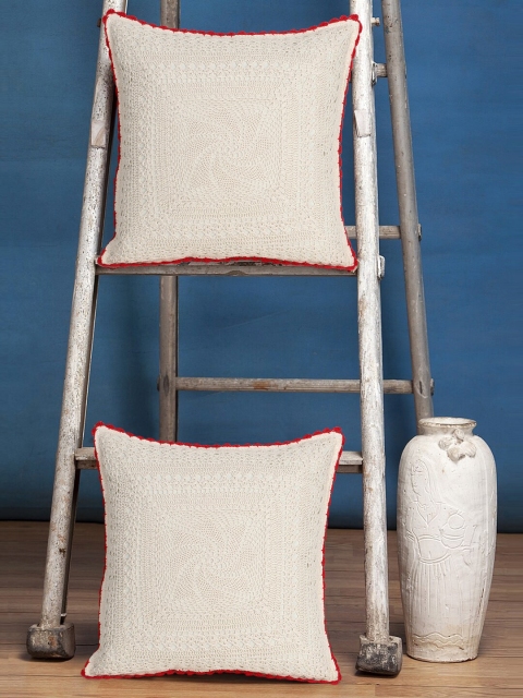 

Mezposh Cream-Coloured & Red Set of 2 Self Design Square Cushion Covers