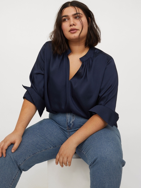 H&M+ Women Navy Blue Long Satin Blouse