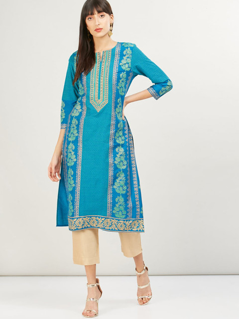 

max Women Blue & Beige Ethnic Motifs Printed Thread Work Kurta